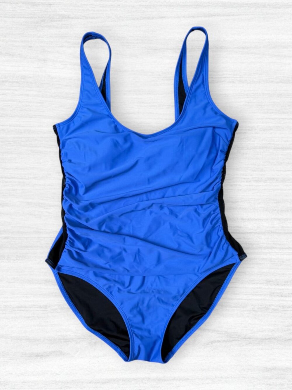 DKNY Ruched One Piece Swimsuit Blue Black Colorblock Tummy Control Slimming 10